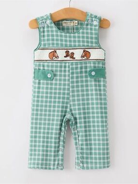 Gingham Smocked Horse-Trim Overalls in Mint Green